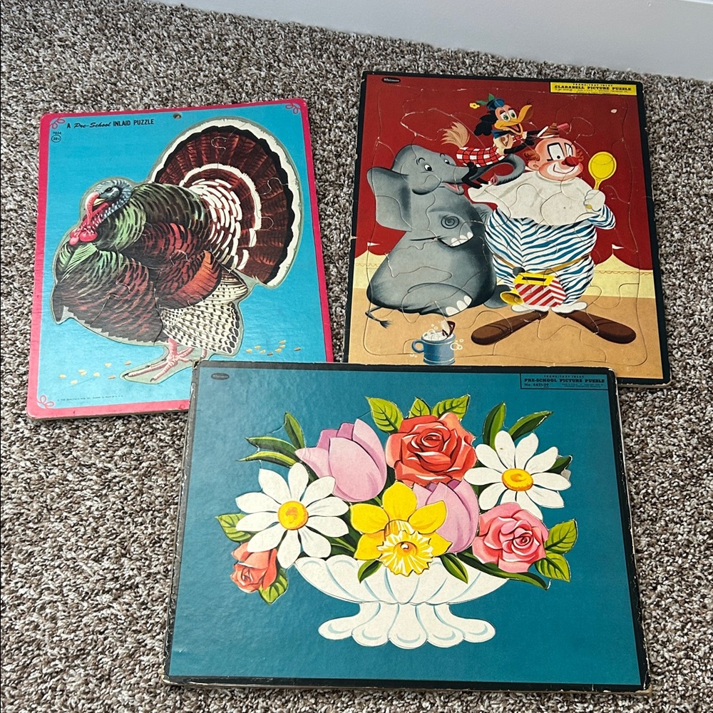 Vintage pre-k Floral & Animal Jigsaw Puzzle Lot - Bright Turquoise, Red, Pink